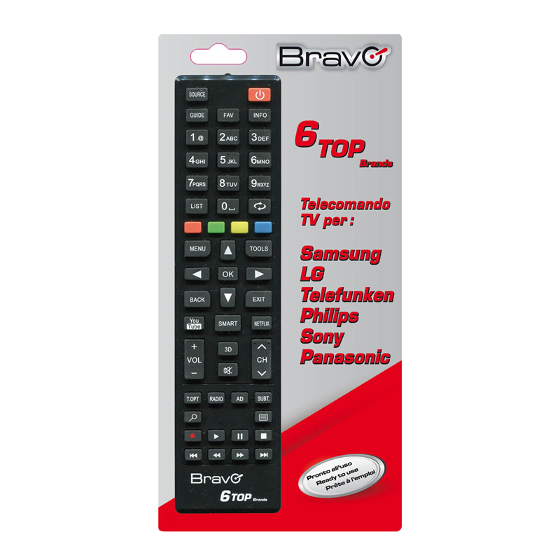 BRAVO 6 TOP BRANDS (90302247) – TELECOMANDO UNIVERSALE PER TV LG / PANASONIC / TELEFUNKEN / PHILIPS / SAMSUNG / SONY