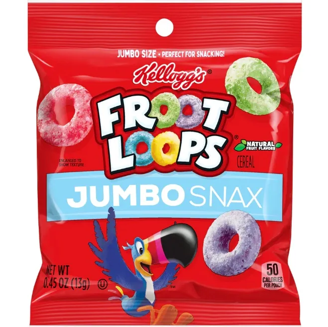 Kellogg’s Froot Loops Jumbo Snax Cereal, cereali alla frutta monoporzione 13g